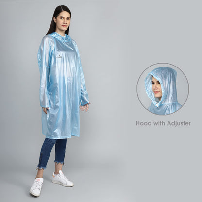 THE CLOWNFISH Avalon Series Womens Waterproof PVC Transparent Self Design Pullover Longcoat/Raincoat with Adjustable Hood (Sky Blue, XX-Large)