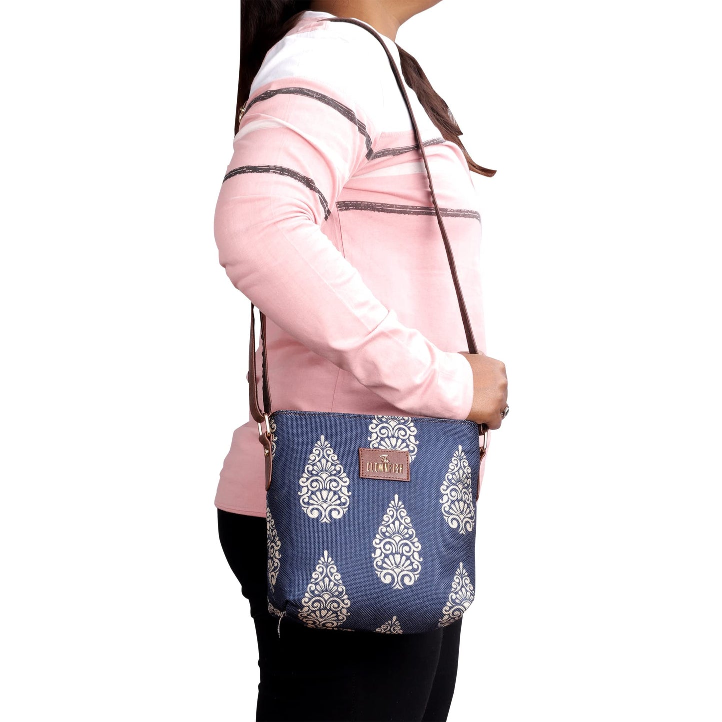 THE CLOWNFISH Aahna Printed Handicraft Fabric Crossbody Sling bag for Women Casual Party Bag Purse with Adjustable Shoulder Strap for Ladies College Girls (Navy Blue-Design)