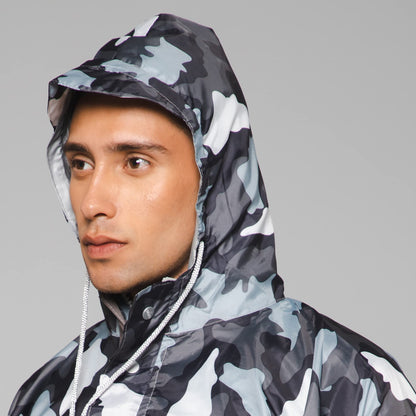 THE CLOWNFISH Napoleon Series Men's Waterproof Nylon Double Coating Reversible Rain Jacket with Hood and Reflector Logo at Back. Printed Plastic Pouch with Rope (Grey, Large)