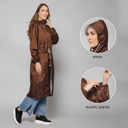 THE CLOWNFISH Polyester Raincoats For Women Raincoat For Ladies Waterproof Reversible Double Layer. Drizzle Diva Series (Brown, Large)