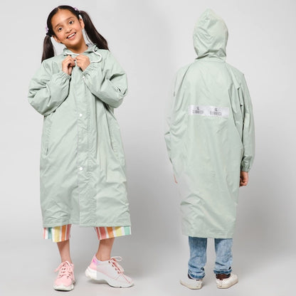 THE CLOWNFISH Cloud Chaser Series Kids Raincoat Waterproof Polyester Double Coating Reversible Longcoat with Hood and Reflector Logo at Back. Printed Plastic Pouch. Kid Age-9-10 years (Pista Green)