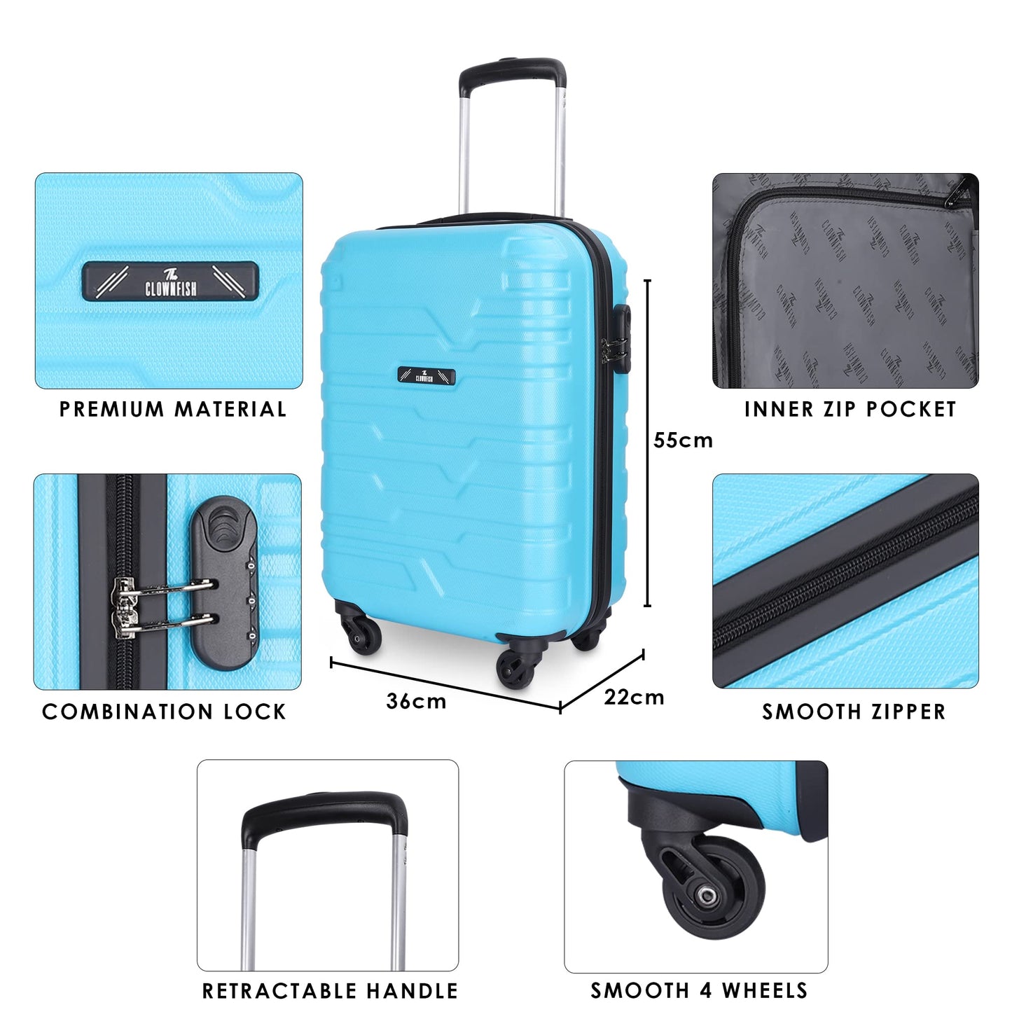 THE CLOWNFISH Abs Arsenio Series Luggage Abs Hard Case Suitcase Four Wheel 4 Spinner Wheels Trolley Bag - Sea Green (55 Cm, 22 Inch), Blue, Small