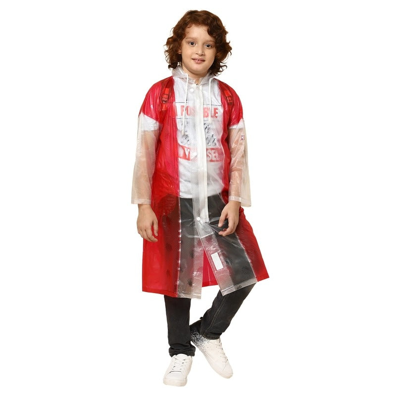 THE CLOWNFISH Laurel Series Kids Waterproof PVC Longcoat with Adjustable Hood & Extra Space for Backpack/Schoolbag Holding. Printed Plastic Pouch. Kid Age-12-13 years (Size-42-Red)