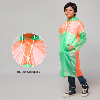 THE CLOWNFISH Puddle Jumper Series Unisex Kids Waterproof Single Layer PVC Longcoat/Raincoat with Adjustable Hood. Age-6-7 Years (Fluoroscent Pink)