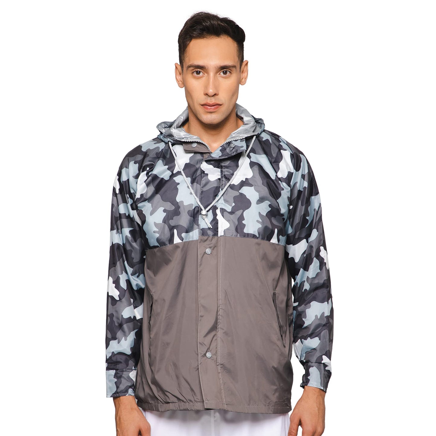 THE CLOWNFISH Napoleon Series Men's Waterproof Nylon Double Coating Reversible Rain Jacket with Hood and Reflector Logo at Back. Printed Plastic Pouch with Rope (Grey, Large)