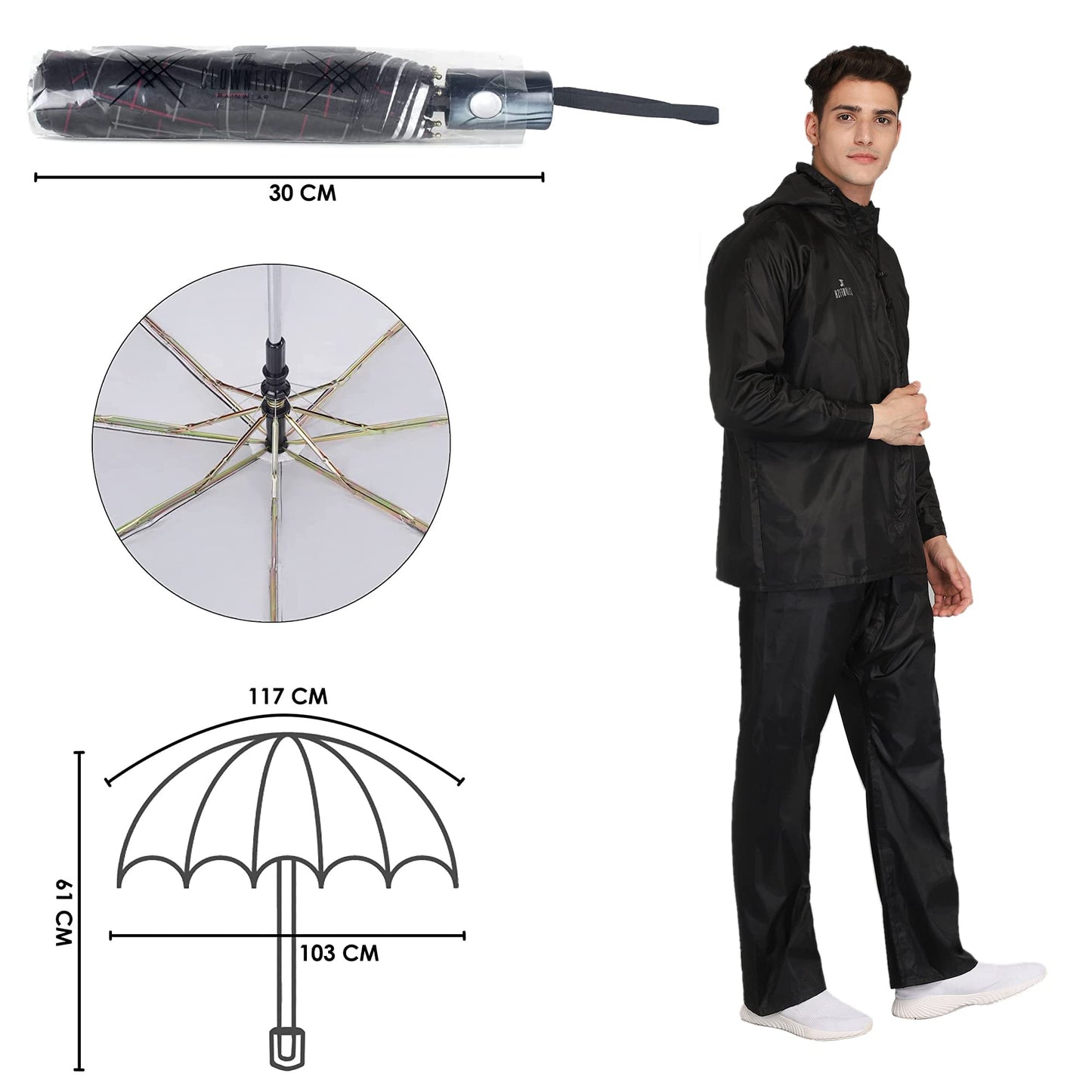 THE CLOWNFISH Combo Of Rain Coat for Men Waterproof Polyester (Black 4XL) Umbrella 3 Fold Waterproof Pongee (Checks Design- Dark Pink)