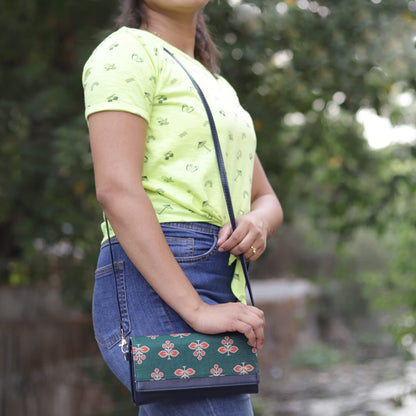 THE CLOWNFISH Women Erika Printed Handicraft Fabric & Vegan Leather Ladies Wristlet Purse Sling Bag With Multiple Card Slots & Shoulder Belt (Dark Green)