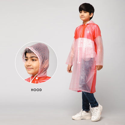 THE CLOWNFISH Misty Magic Series Unisex Kids Waterproof Single Layer PVC Longcoat/Raincoat with Adjustable Hood. Age-3-4 Years (Rose Red)