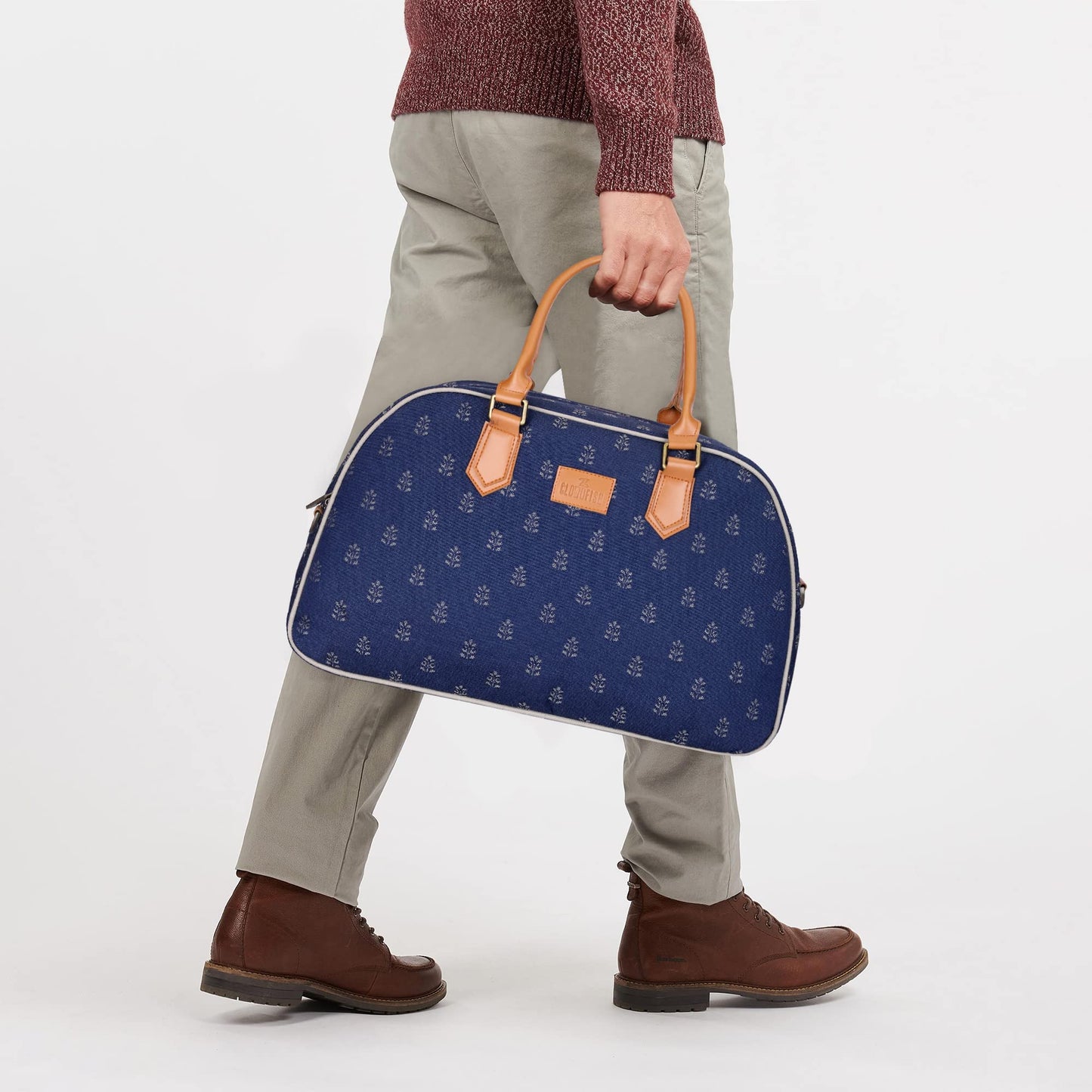 The Clownfish Ziana Series 24 litres Tapestry & Faux Leather Unisex Travel Duffle Bag Luggage Weekender Bag (Denim Blue)