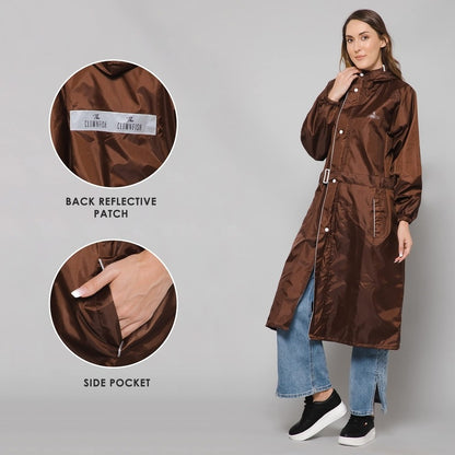 THE CLOWNFISH Polyester Raincoats For Women Raincoat For Ladies Waterproof Reversible Double Layer. Drizzle Diva Series (Brown, Large)