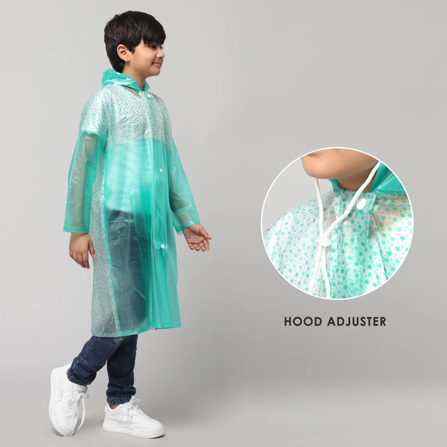 THE CLOWNFISH Drip Dude Series Unisex Kids Waterproof Single Layer PVC Longcoat/Raincoat with Adjustable Hood. Age-3-4 Years (Aqua Green)
