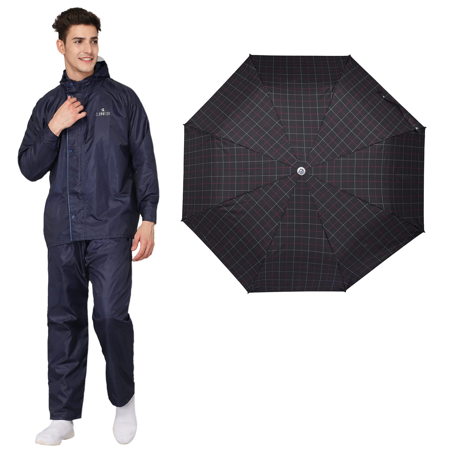 THE CLOWNFISH Combo Of Rain Coat for Men Waterproof Polyester (Blue 2XL) Umbrella 3 Fold Waterproof Pongee (Checks Design- Dark Pink)