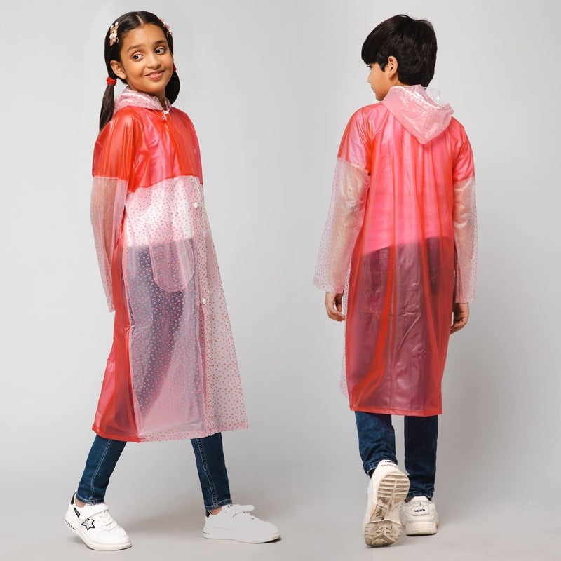 THE CLOWNFISH Misty Magic Series Unisex Kids Waterproof Single Layer PVC Longcoat/Raincoat with Adjustable Hood. Age-3-4 Years (Rose Red)