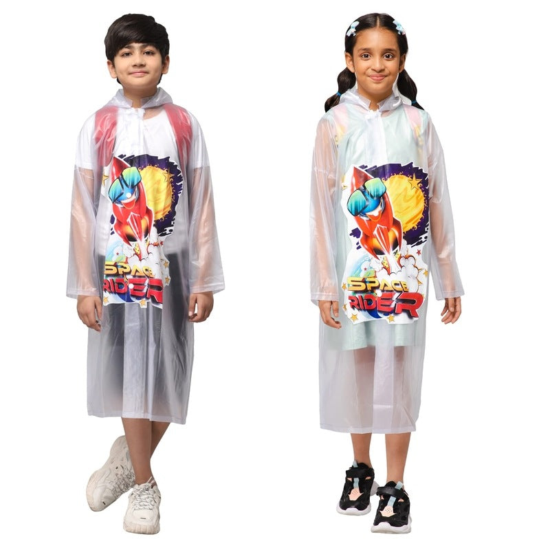 THE CLOWNFISH Toon Caper Series Kids Waterproof PVC Longcoat with Adjustable Hood & Extra Space for Backpack/Schoolbag Holding. Printed Plastic Pouch. Kid Age-4-5 years (Link White-Transparent)