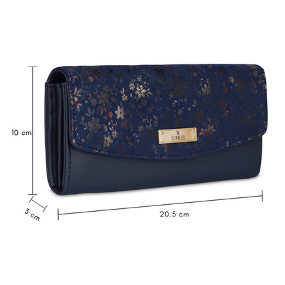 THE CLOWNFISH Jacinta Collection Womens Wallet Clutch Ladies Purse with Floral Design On Flap & Multiple Card Slots (Navy Blue)