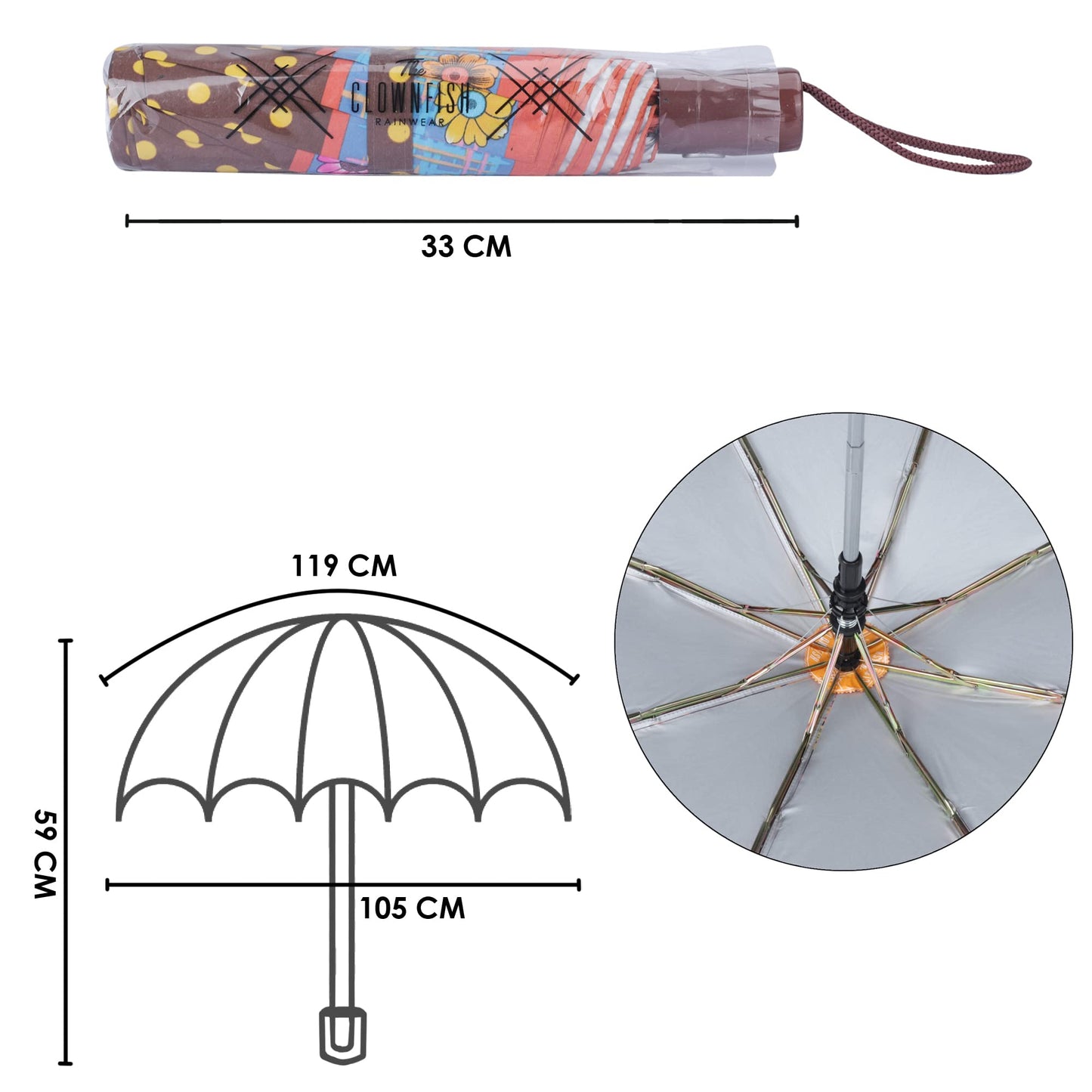 THE CLOWNFISH Umbrella Polka Dot Series 3 Fold Auto Open Waterproof Water Repellent Nylon Double Coated Silver Lined Umbrellas For Men and Women (Brown with blue border)