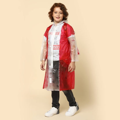 THE CLOWNFISH Laurel Series Kids Waterproof PVC Longcoat with Adjustable Hood & Extra Space for Backpack/Schoolbag Holding. Printed Plastic Pouch. Kid Age-12-13 years (Size-42-Red)