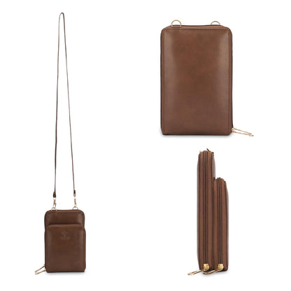 THE CLOWNFISH Trivia Vegan Leather Ladies Wallet Sling Bag with Zip Around Front Pocket (Dark Brown)