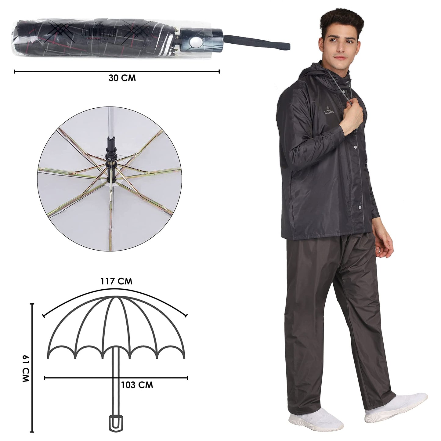 THE CLOWNFISH Polyester Combo Of Standard Length Rain Coat For Men Waterproof Polyester (Grey Xl) Umbrella 3 Fold Waterproof Pongee (Checks Design- Dark Pink), X Large