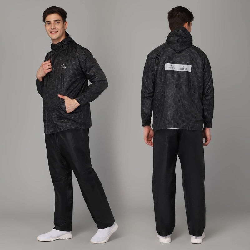 THE CLOWNFISH Arnold Men's Waterproof Polyester Double Coating Reversible Raincoat with Hood and Reflector Logo at Back. Set of Top and Bottom. Printed Plastic Pouch with Rope(Black, X-Large)