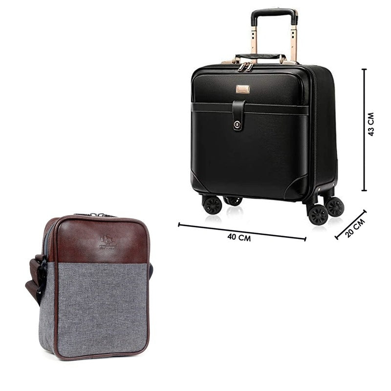 THE CLOWNFISH Combo of Minlu Baoluo Faux Leather 8 Wheel Travel Suitcase (Black) Amalia Sling Bag (Grey)