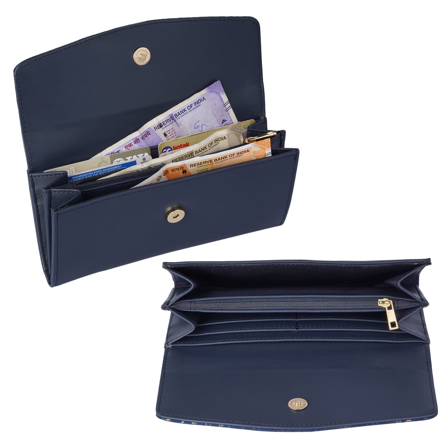 THE CLOWNFISH Jacinta Collection Womens Wallet Clutch Ladies Purse with Floral Design On Flap & Multiple Card Slots (Navy Blue)