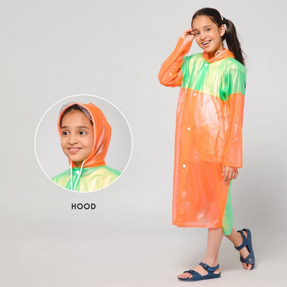 THE CLOWNFISH Puddle Jumper Series Unisex Kids Waterproof Single Layer PVC Longcoat/Raincoat with Adjustable Hood. Age-3-4 Years (Orange)