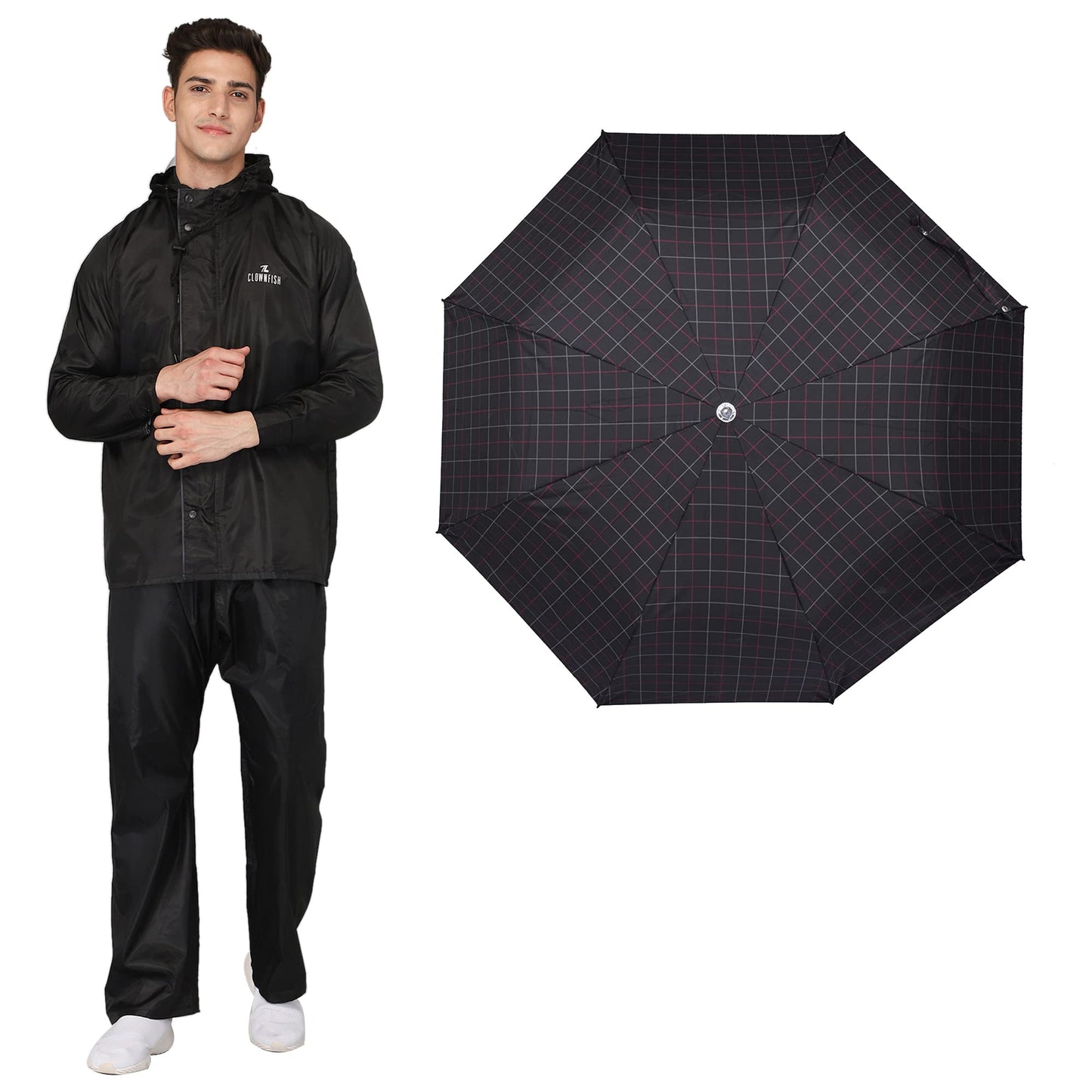 THE CLOWNFISH Combo Of Rain Coat for Men Waterproof Polyester (Black 3XL) Umbrella 3 Fold Waterproof Pongee (Checks Design- Dark Pink)