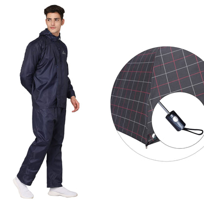 THE CLOWNFISH Combo Of Rain Coat for Men Waterproof Polyester (Blue 2XL) Umbrella 3 Fold Waterproof Pongee (Checks Design- Dark Pink)