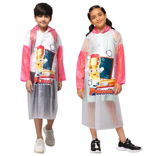 THE CLOWNFISH Toon Caper Series Kids Waterproof PVC Longcoat with Adjustable Hood & Extra Space for Backpack/Schoolbag Holding. Printed Plastic Pouch. Kid Age-5-6 years (Milky White -Transparent)