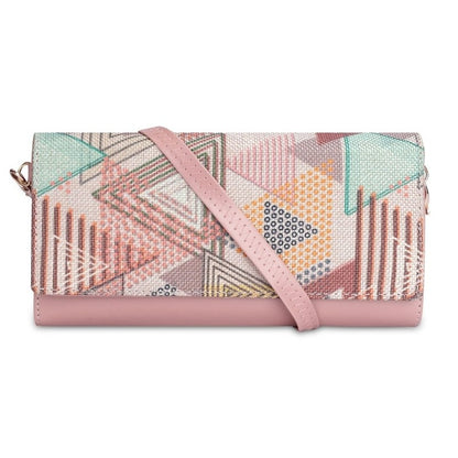 THE CLOWNFISH Women Jolene Printed Handicraft Fabric & Vegan Leather Ladies Wristlet Wallet Purse Sling Bag With Multiple Card Slots (Multicolour-Triangle), Multicolor