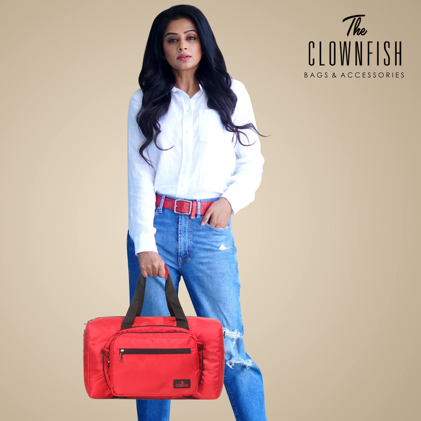 The Clownfish Rebecca Series 25 litres Polyester Convertible Travel Duffle Bag Weekender Bag Crossbody Sling Bag (Red)