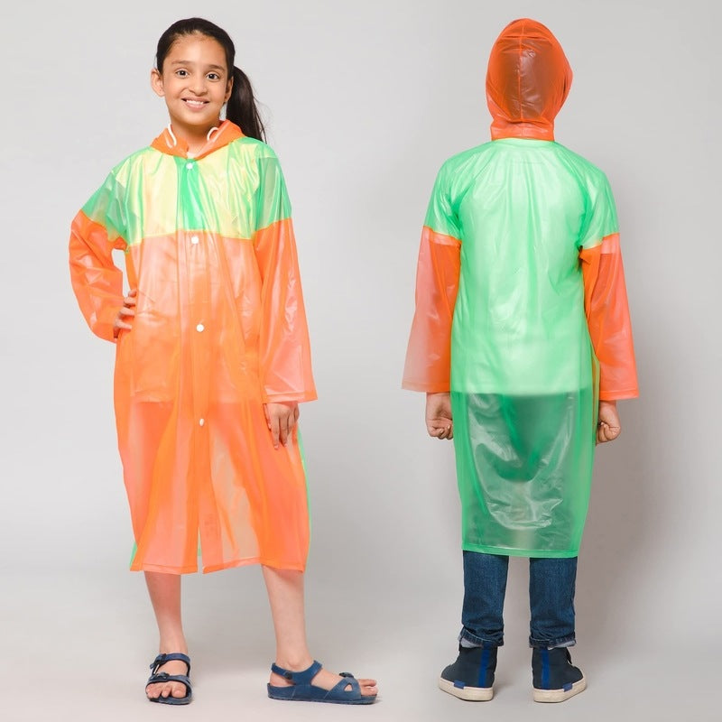 THE CLOWNFISH Puddle Jumper Series Unisex Kids Waterproof Single Layer PVC Longcoat/Raincoat with Adjustable Hood. Age-3-4 Years (Orange)