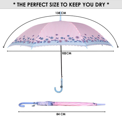 THE CLOWNFISH Umbrella 2 Fold Auto Open Waterproof Pongee Umbrellas For Men and Women (Stripe Design Laced Border- Baby Pink)
