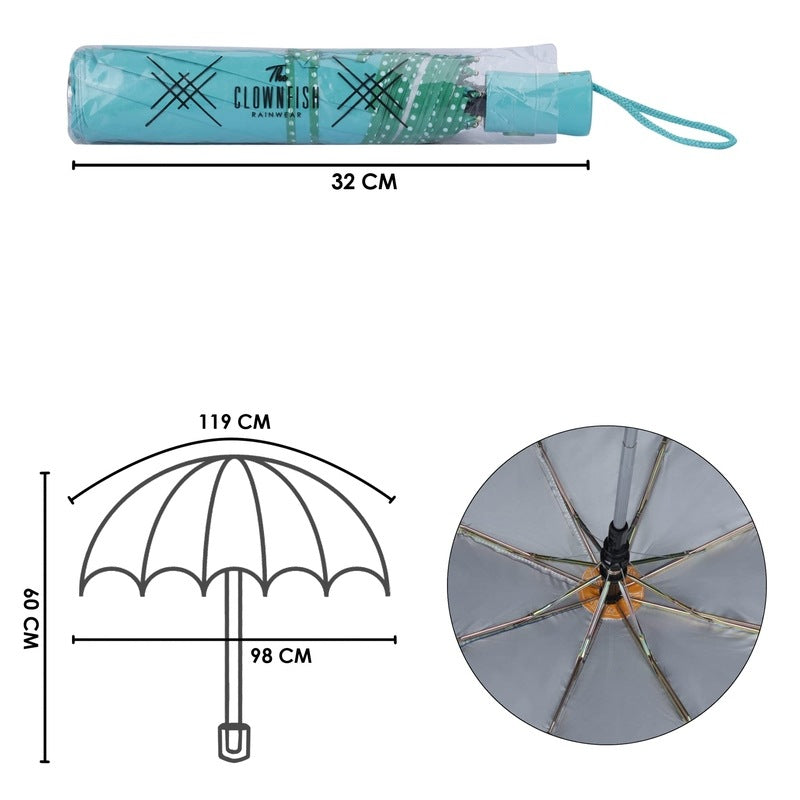 THE CLOWNFISH Umbrella Monochrome Series 3 Fold Auto Open Waterproof Water Repellent 190 T Polyester Double Coated Silver Lined Dotted Border Umbrellas For Men and Women (Turquiose Blue)