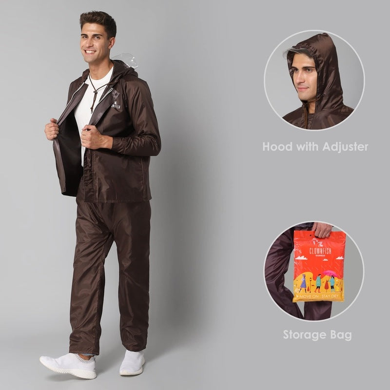 THE CLOWNFISH Rain Coat for Men Waterproof Raincoat with Pants Polyester Reversible Double Layer Rain Coat For Men Bike Rain Suit Rain Jacket Suit Inner Mobile Pocket with Storage Bag (Brown L)