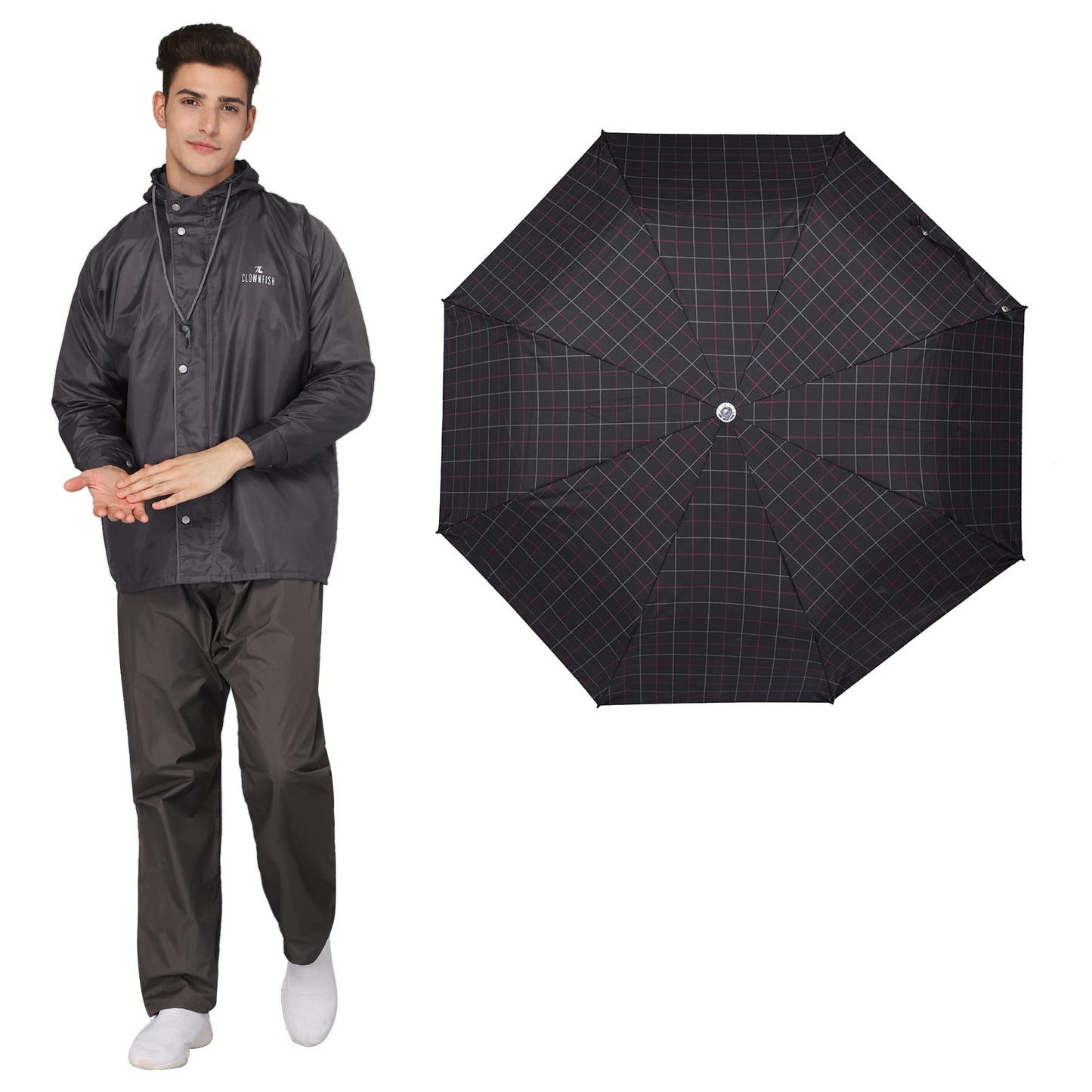 THE CLOWNFISH Polyester Combo Of Standard Length Rain Coat For Men Waterproof Polyester (Grey Xl) Umbrella 3 Fold Waterproof Pongee (Checks Design- Dark Pink), X Large