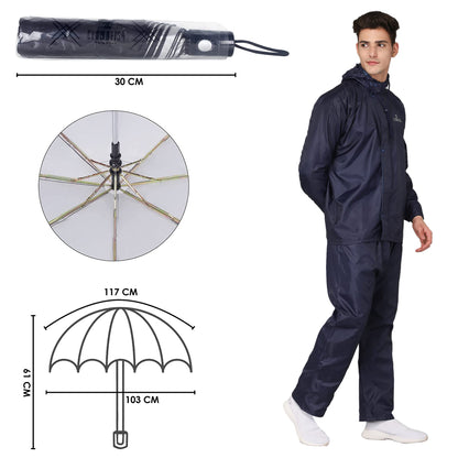THE CLOWNFISH Combo Of Rain Coat for Men Waterproof Polyester (Blue 2XL) Umbrella Savior Series 3 Fold Waterproof Polyester (Black)