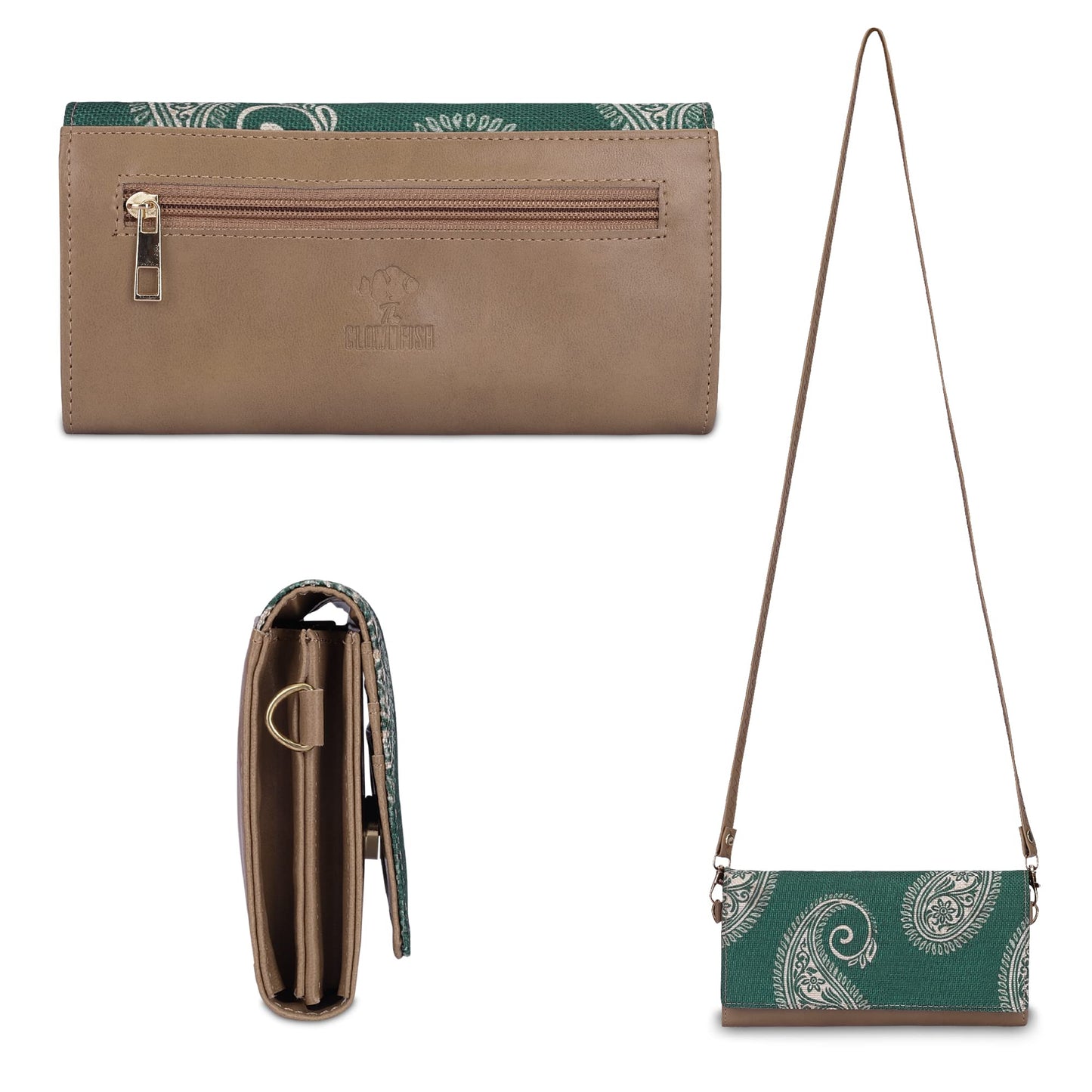 THE CLOWNFISH Jolene Printed Handicraft Fabric & Vegan Leather Ladies Wallet Purse Sling Bag with Multiple Card Slots (Fern Green)