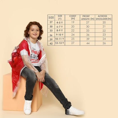 THE CLOWNFISH Laurel Series Kids Waterproof PVC Longcoat with Adjustable Hood & Extra Space for Backpack/Schoolbag Holding. Printed Plastic Pouch. Kid Age-12-13 years (Size-42-Red)