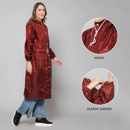 THE CLOWNFISH Polyester Raincoats For Women Raincoat For Ladies Waterproof Reversible Double Layer. Drizzle Diva Series (Maroon, Large)