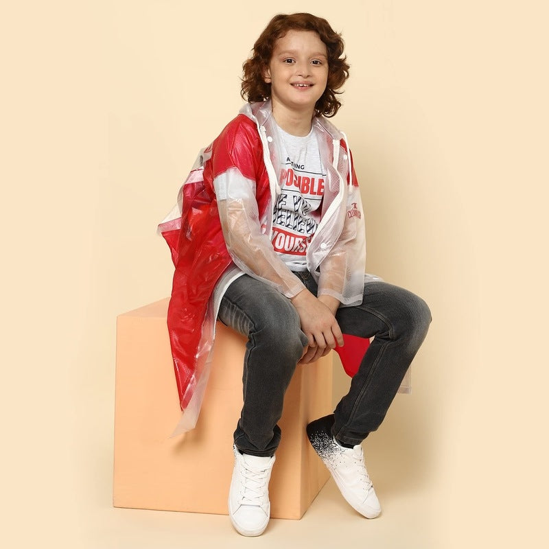 THE CLOWNFISH Laurel Series Kids Waterproof PVC Longcoat with Adjustable Hood & Extra Space for Backpack/Schoolbag Holding. Printed Plastic Pouch. Kid Age-12-13 years (Size-42-Red)