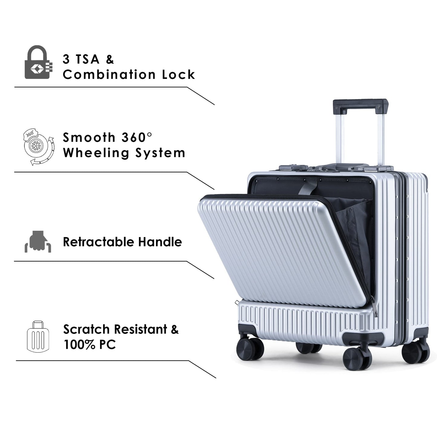 THE CLOWNFISH JetSetter Series Carry-On Luggage PolyCarbonate Hard Case Suitcase Eight Spinner Wheel 14 inch Laptop Trolley Bag with TSA Lock & USB Charging port- Grey (47 cm-18.5 inch)