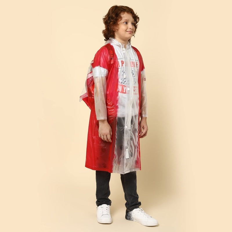 THE CLOWNFISH Laurel Series Kids Waterproof PVC Longcoat with Adjustable Hood & Extra Space for Backpack/Schoolbag Holding. Printed Plastic Pouch. Kid Age-12-13 years (Size-42-Red)