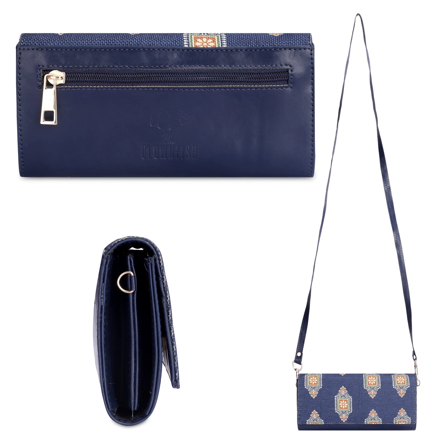 THE CLOWNFISH Jolene Printed Handicraft Fabric & Vegan Leather Ladies Wallet Purse Sling Bag with Multiple Card Slots (Dark Blue)