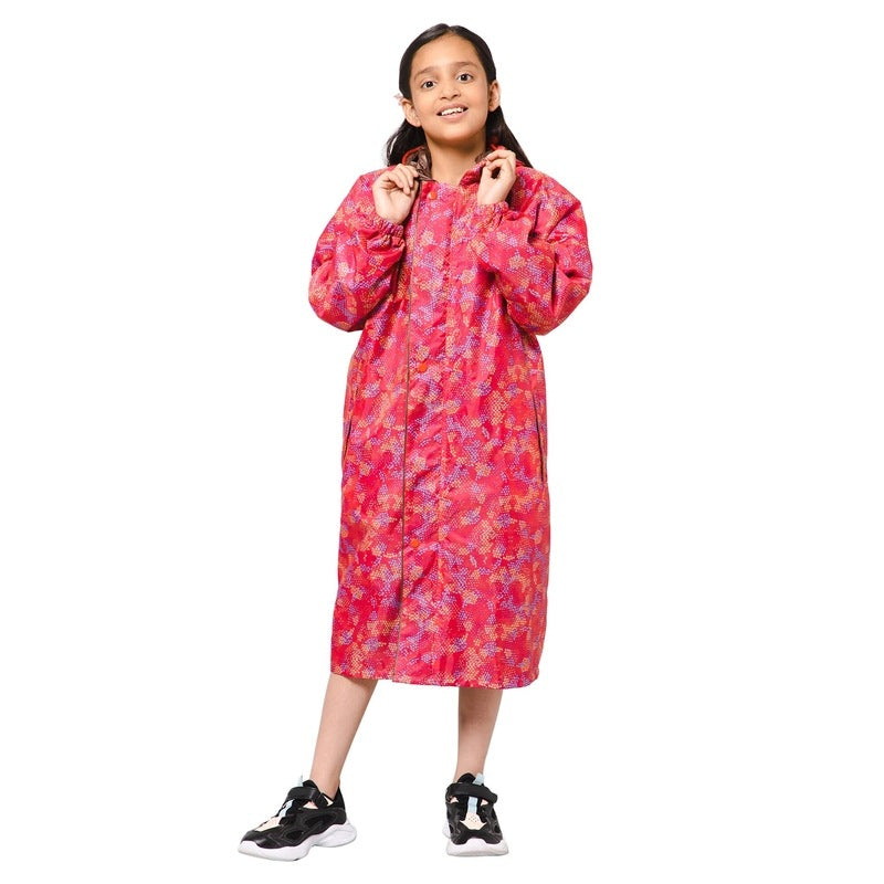 THE CLOWNFISH Splash Squad Series Kids Raincoat Waterproof Polyester Double Coating Reversible Longcoat with Hood and Reflector Logo at Back. Printed Plastic Pouch. Kid Age-5-6 years (Rose Red)