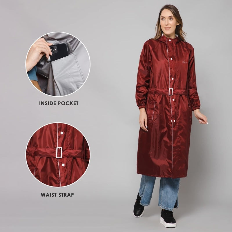 THE CLOWNFISH Polyester Raincoats For Women Raincoat For Ladies Waterproof Reversible Double Layer. Drizzle Diva Series (Maroon, X-Large)