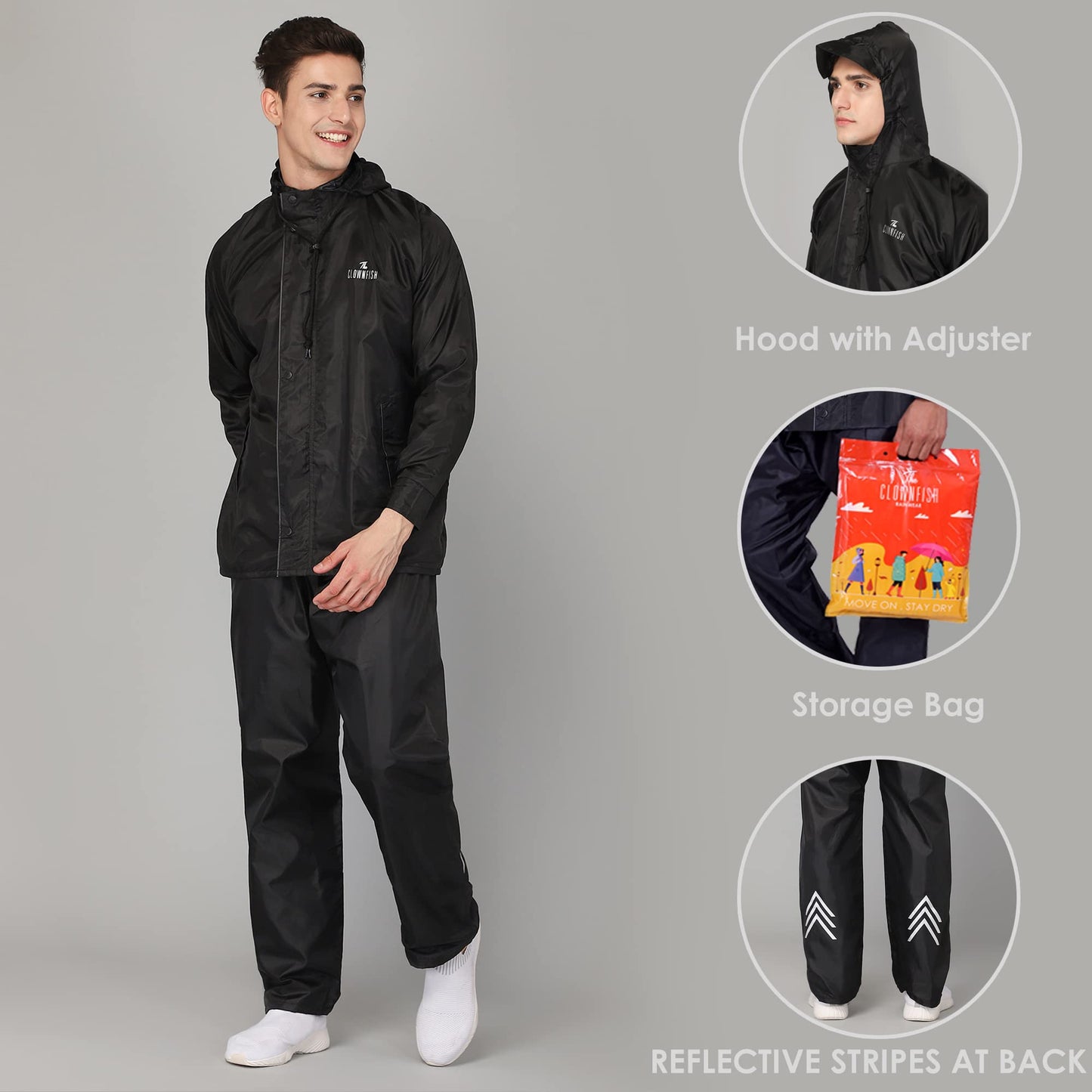 THE CLOWNFISH Rain Coat for Men Waterproof Raincoat with Pants Polyester Reversible Double Layer Rain Coat For Men Bike Rain Suit Rain Jacket Suit Inner Mobile Pocket with Storage Bag (Black XXXL)