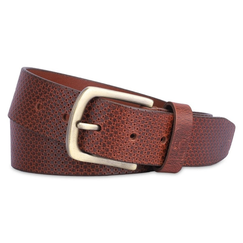 THE CLOWNFISH Men's Genuine Leather Belt with Textured Design-Tan (Size-32 inches)