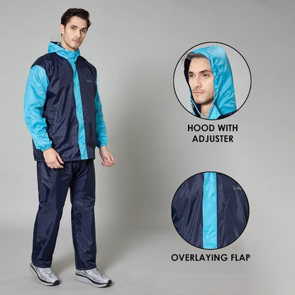 THE CLOWNFISH Raincoats for Men Waterproof Reversible for Bike Double Layer with Hood Rain Coat for Men. Set of Top and Bottom. Color Block Series (Dark Blue/Light Blue, L)